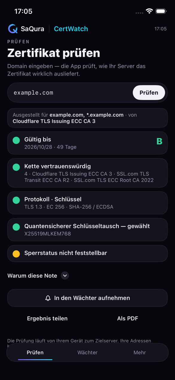 iPhone-Bildschirm: Prüfung von example.com mit Note B, Restlaufzeit, Vertrauenskette, Protokoll und Sperrstatus
