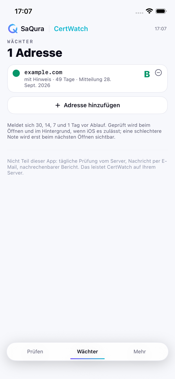 iPhone-Bildschirm: Wächter mit einer beobachteten Adresse und Erinnerung vor Ablauf