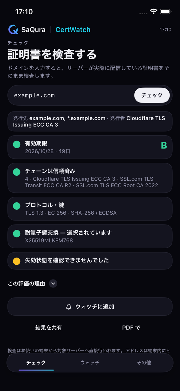 iPhone 画面：example.com の検査結果、評価 B、残り日数、信頼チェーン、プロトコル、失効状態