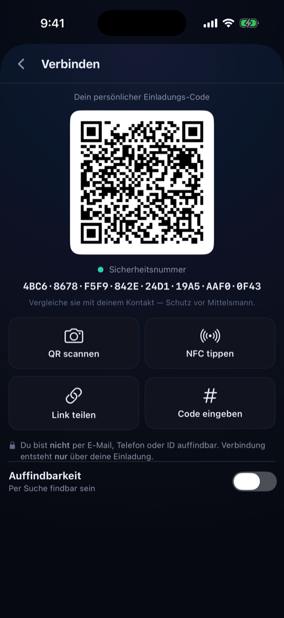 Verbinden per QR — mit Sicherheitsnummer gegen Mithörer.