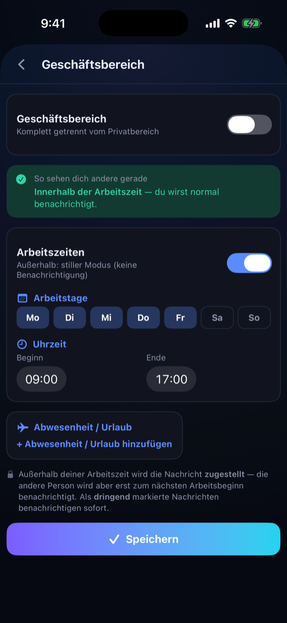 Geschäftszeiten & stiller Modus — Feierabend bleibt Feierabend.