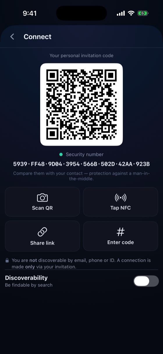 Connect by QR — with a safety number against eavesdroppers.